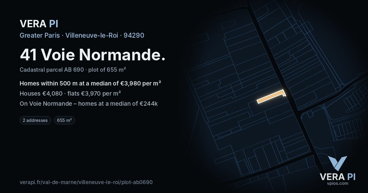41 Voie Normande, Villeneuve-le-Roi at night – the plot lit, the parcels around coloured by the prices near them