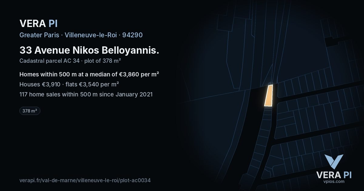 33 Avenue Nikos Belloyannis, Villeneuve-le-Roi at night – the plot lit, the parcels around coloured by the prices near them