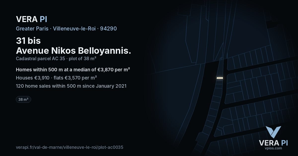 31 bis Avenue Nikos Belloyannis, Villeneuve-le-Roi at night – the plot lit, the parcels around coloured by the prices near them