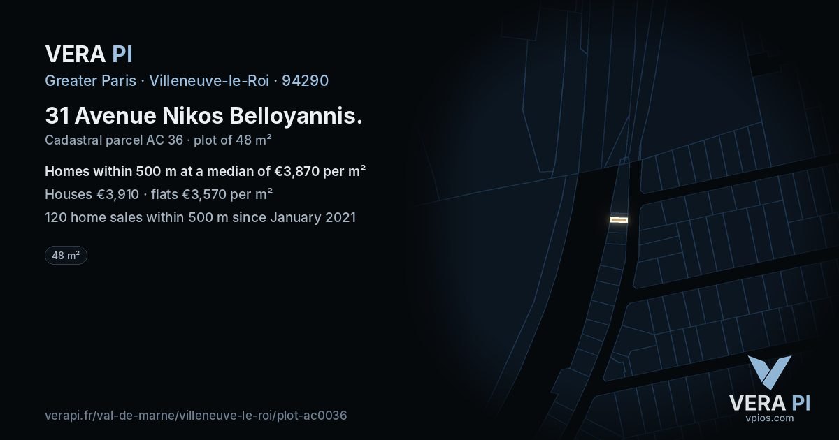 31 Avenue Nikos Belloyannis, Villeneuve-le-Roi at night – the plot lit, the parcels around coloured by the prices near them