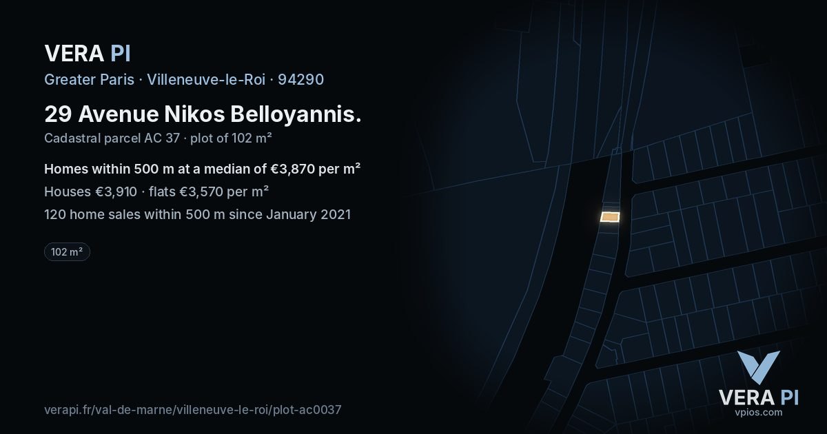 29 Avenue Nikos Belloyannis, Villeneuve-le-Roi at night – the plot lit, the parcels around coloured by the prices near them