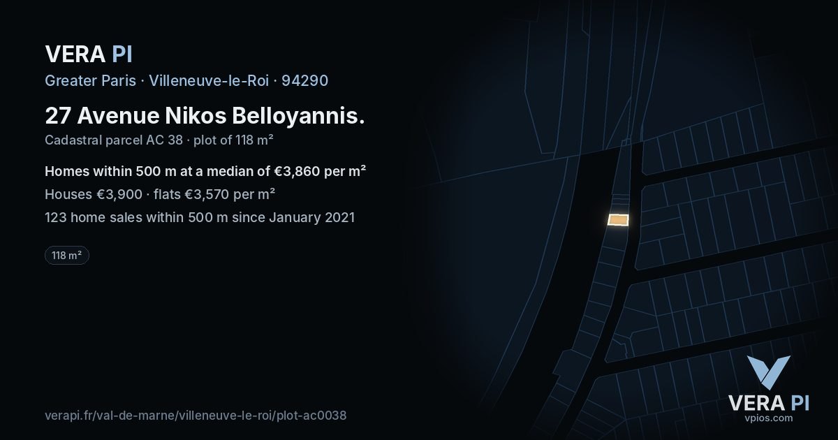 27 Avenue Nikos Belloyannis, Villeneuve-le-Roi at night – the plot lit, the parcels around coloured by the prices near them