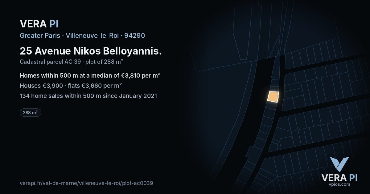 25 Avenue Nikos Belloyannis, Villeneuve-le-Roi at night – the plot lit, the parcels around coloured by the prices near them