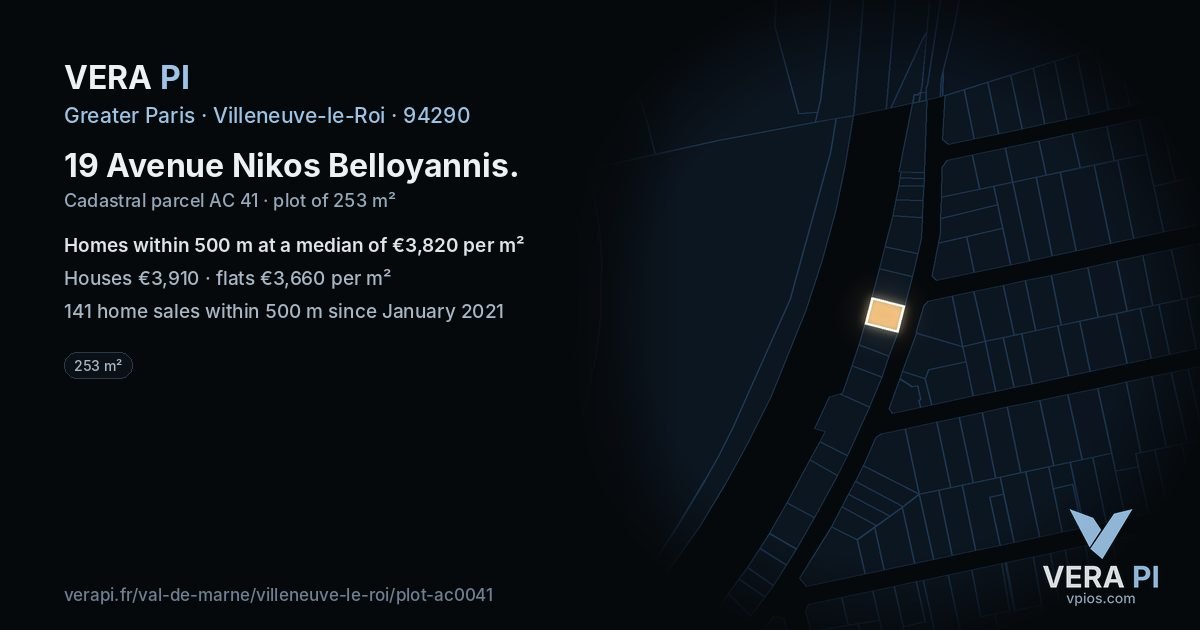 19 Avenue Nikos Belloyannis, Villeneuve-le-Roi at night – the plot lit, the parcels around coloured by the prices near them