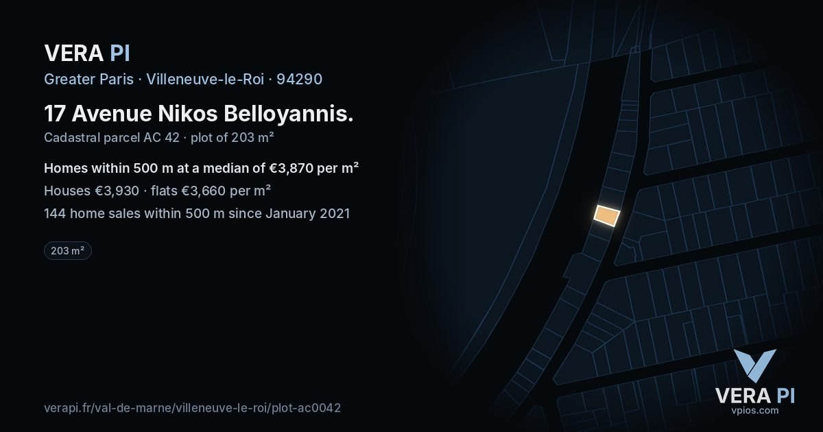 17 Avenue Nikos Belloyannis, Villeneuve-le-Roi at night – the plot lit, the parcels around coloured by the prices near them