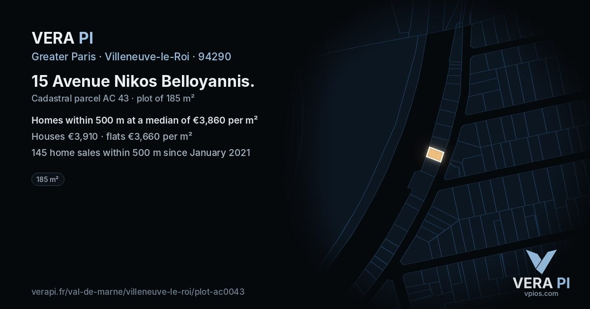 15 Avenue Nikos Belloyannis, Villeneuve-le-Roi at night – the plot lit, the parcels around coloured by the prices near them