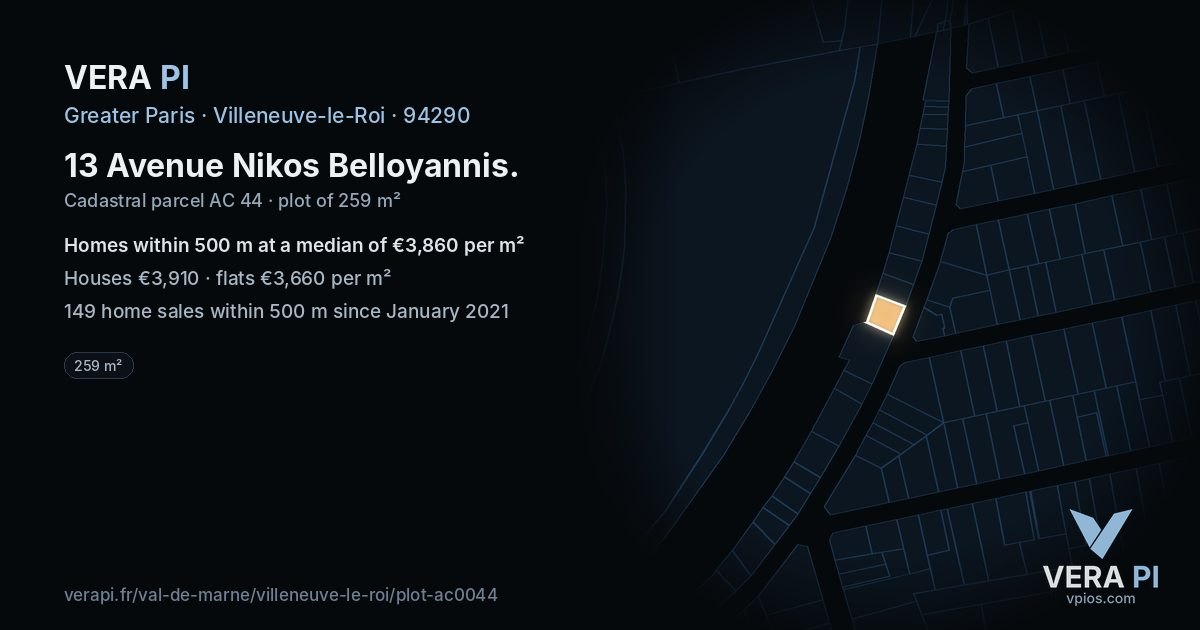 13 Avenue Nikos Belloyannis, Villeneuve-le-Roi at night – the plot lit, the parcels around coloured by the prices near them
