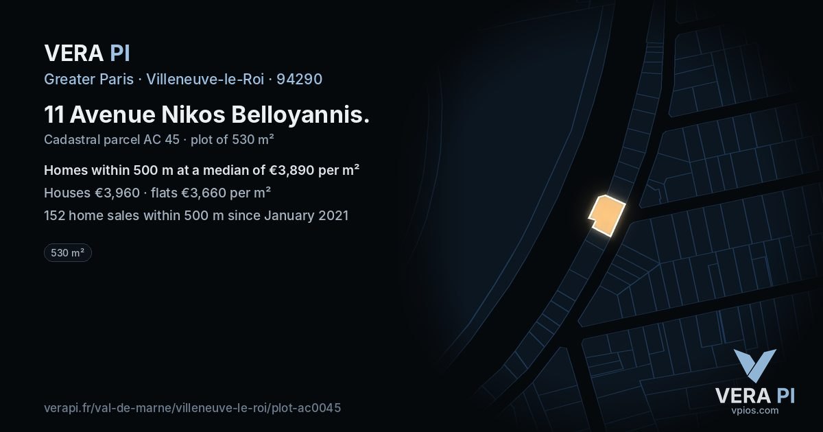 11 Avenue Nikos Belloyannis, Villeneuve-le-Roi at night – the plot lit, the parcels around coloured by the prices near them