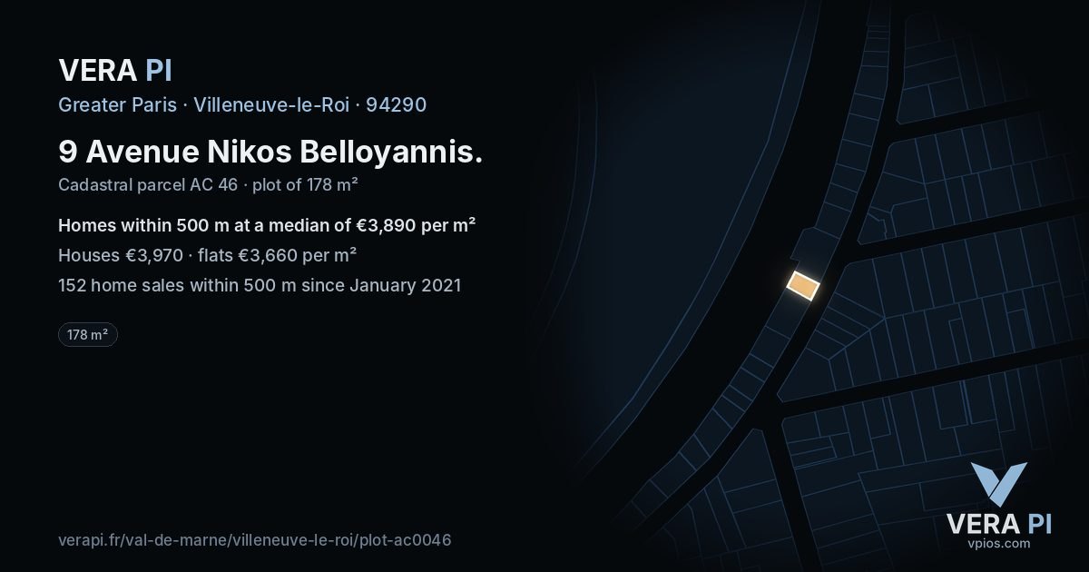 9 Avenue Nikos Belloyannis, Villeneuve-le-Roi at night – the plot lit, the parcels around coloured by the prices near them