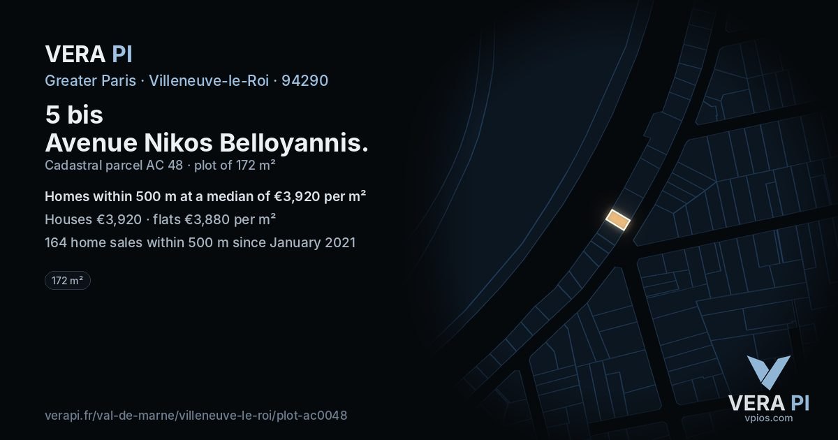 5 bis Avenue Nikos Belloyannis, Villeneuve-le-Roi at night – the plot lit, the parcels around coloured by the prices near them