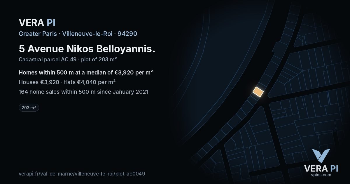 5 Avenue Nikos Belloyannis, Villeneuve-le-Roi at night – the plot lit, the parcels around coloured by the prices near them