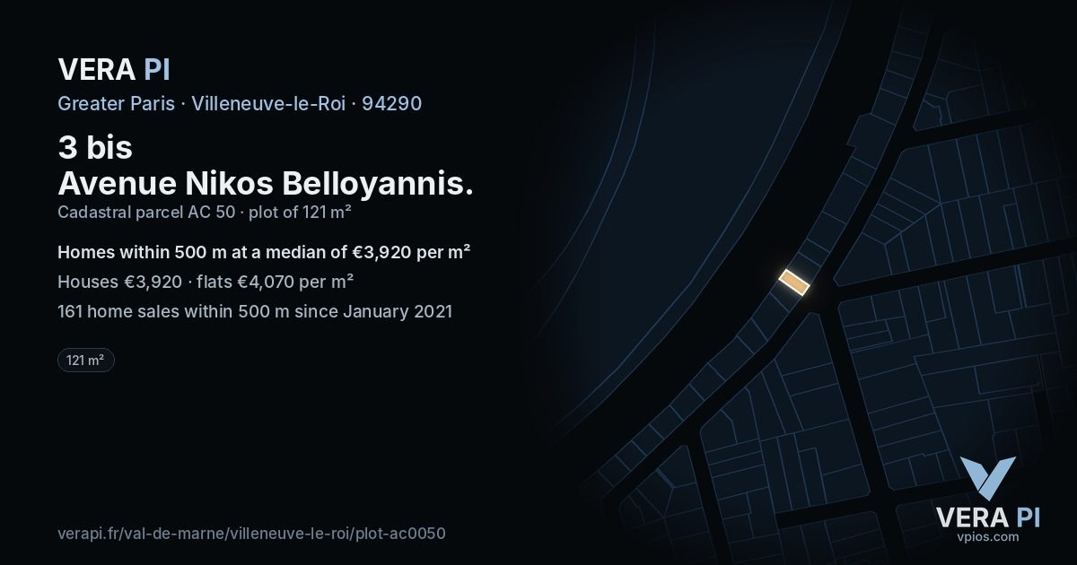 3 bis Avenue Nikos Belloyannis, Villeneuve-le-Roi at night – the plot lit, the parcels around coloured by the prices near them