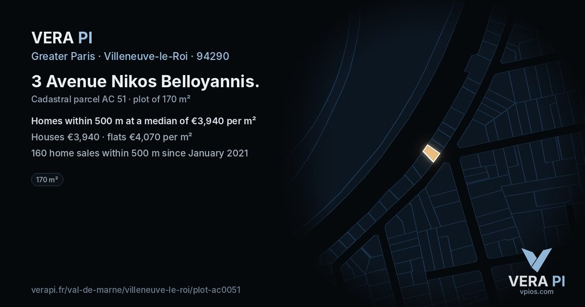 3 Avenue Nikos Belloyannis, Villeneuve-le-Roi at night – the plot lit, the parcels around coloured by the prices near them