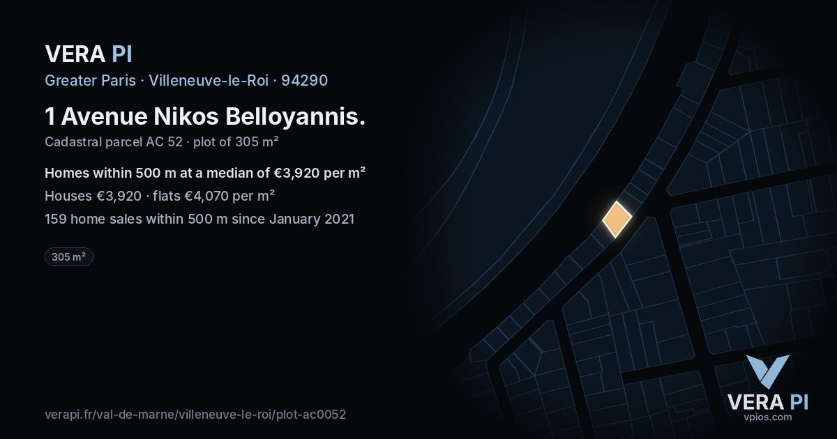 1 Avenue Nikos Belloyannis, Villeneuve-le-Roi at night – the plot lit, the parcels around coloured by the prices near them