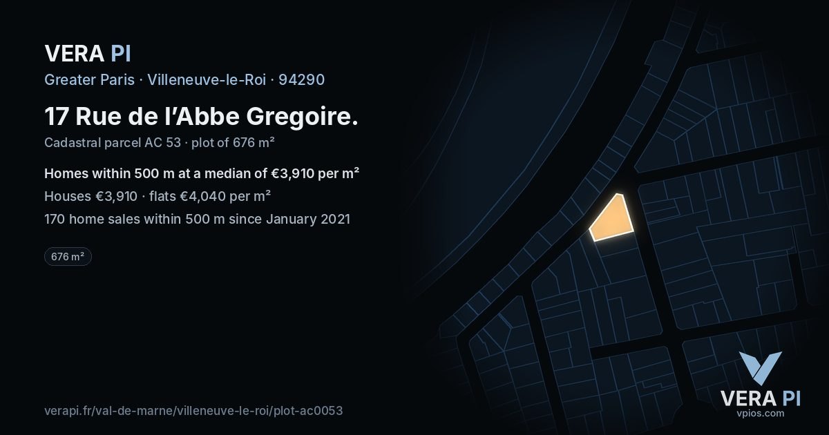17 Rue de l’Abbe Gregoire, Villeneuve-le-Roi at night – the plot lit, the parcels around coloured by the prices near them