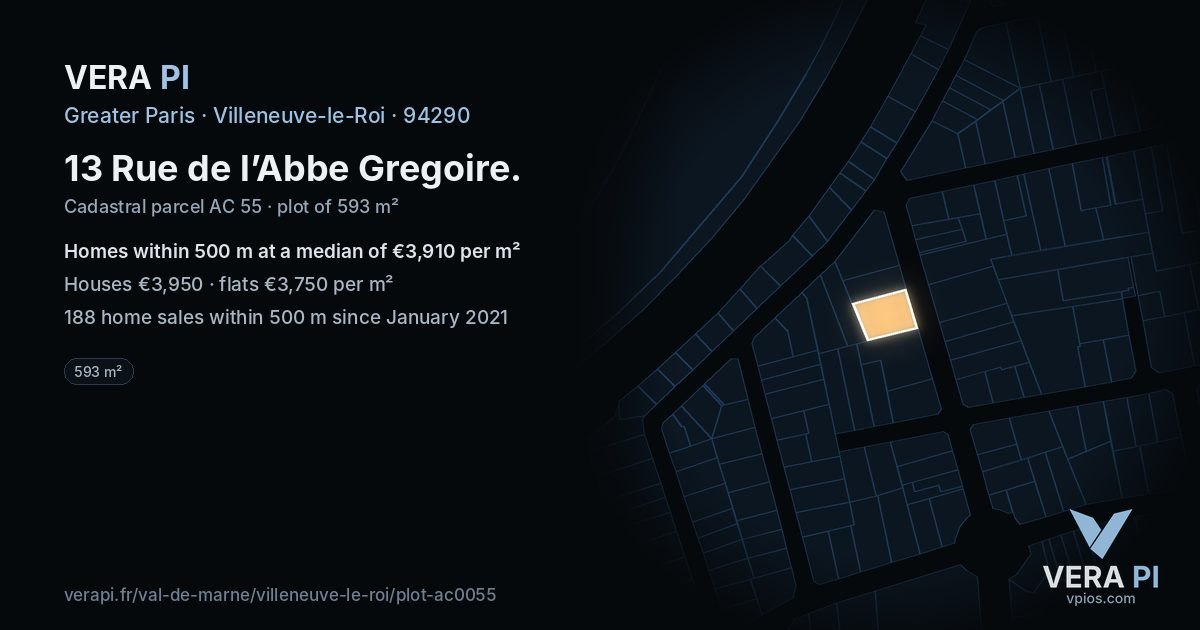 13 Rue de l’Abbe Gregoire, Villeneuve-le-Roi at night – the plot lit, the parcels around coloured by the prices near them