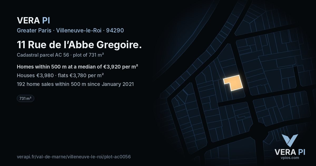 11 Rue de l’Abbe Gregoire, Villeneuve-le-Roi at night – the plot lit, the parcels around coloured by the prices near them