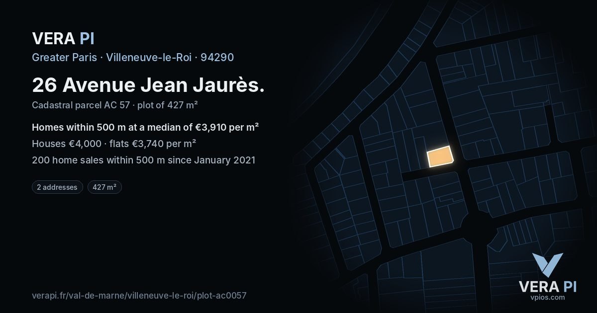 26 Avenue Jean Jaurès, Villeneuve-le-Roi at night – the plot lit, the parcels around coloured by the prices near them