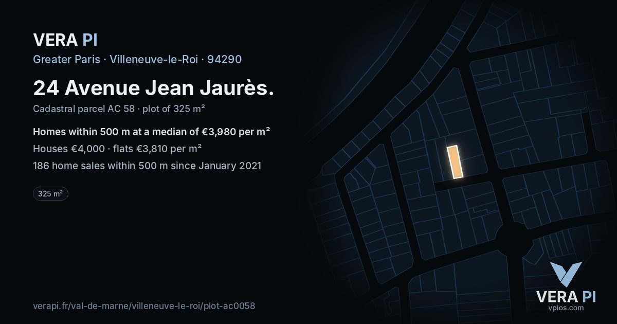 24 Avenue Jean Jaurès, Villeneuve-le-Roi at night – the plot lit, the parcels around coloured by the prices near them