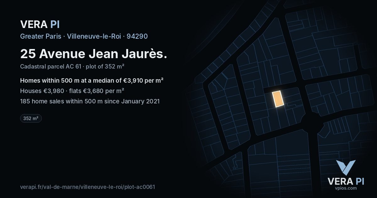 25 Avenue Jean Jaurès, Villeneuve-le-Roi at night – the plot lit, the parcels around coloured by the prices near them