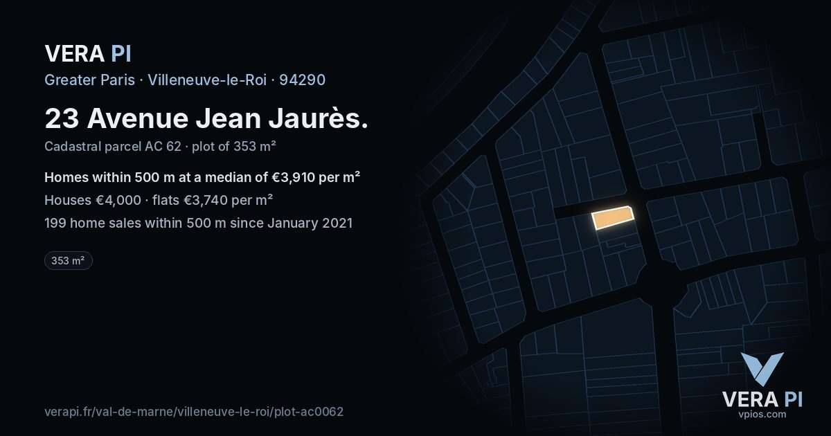 23 Avenue Jean Jaurès, Villeneuve-le-Roi at night – the plot lit, the parcels around coloured by the prices near them