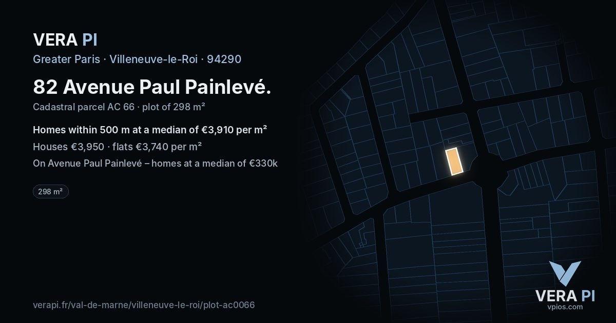 82 Avenue Paul Painlevé, Villeneuve-le-Roi at night – the plot lit, the parcels around coloured by the prices near them