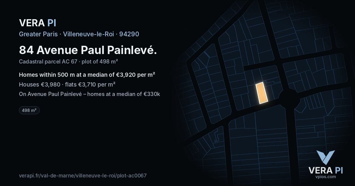 84 Avenue Paul Painlevé, Villeneuve-le-Roi at night – the plot lit, the parcels around coloured by the prices near them