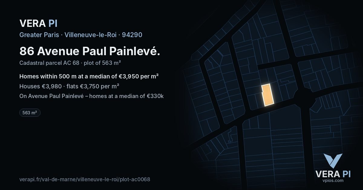 86 Avenue Paul Painlevé, Villeneuve-le-Roi at night – the plot lit, the parcels around coloured by the prices near them
