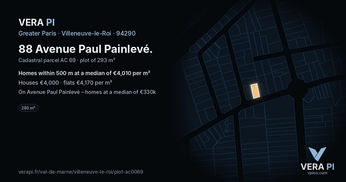 88 Avenue Paul Painlevé, Villeneuve-le-Roi at night – the plot lit, the parcels around coloured by the prices near them