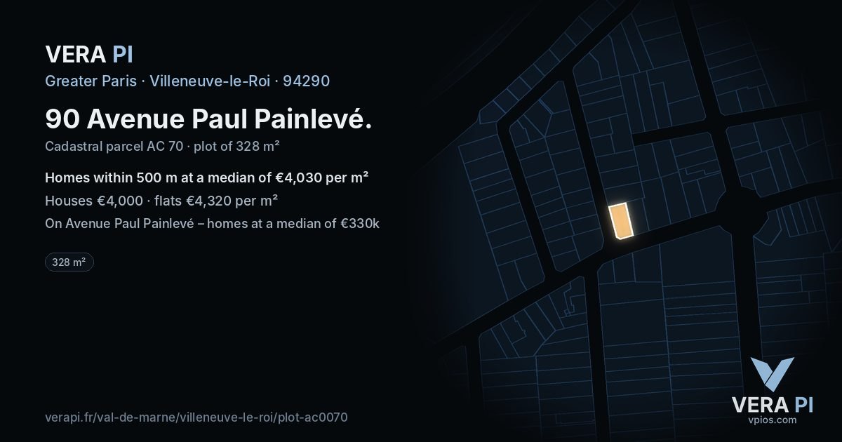90 Avenue Paul Painlevé, Villeneuve-le-Roi at night – the plot lit, the parcels around coloured by the prices near them