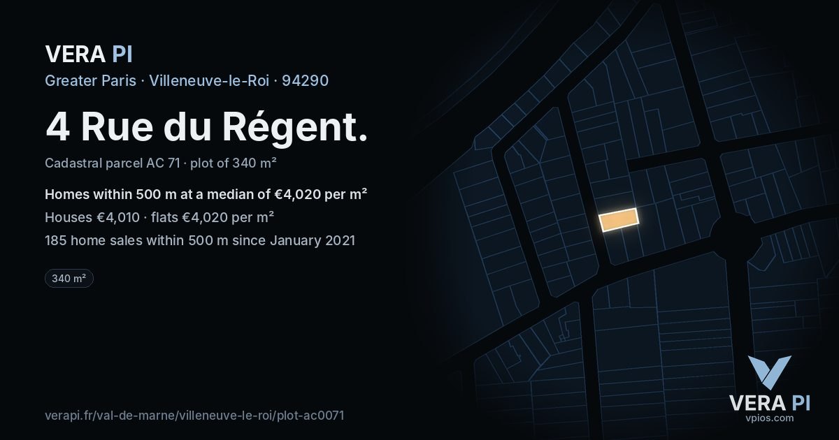 4 Rue du Régent, Villeneuve-le-Roi at night – the plot lit, the parcels around coloured by the prices near them