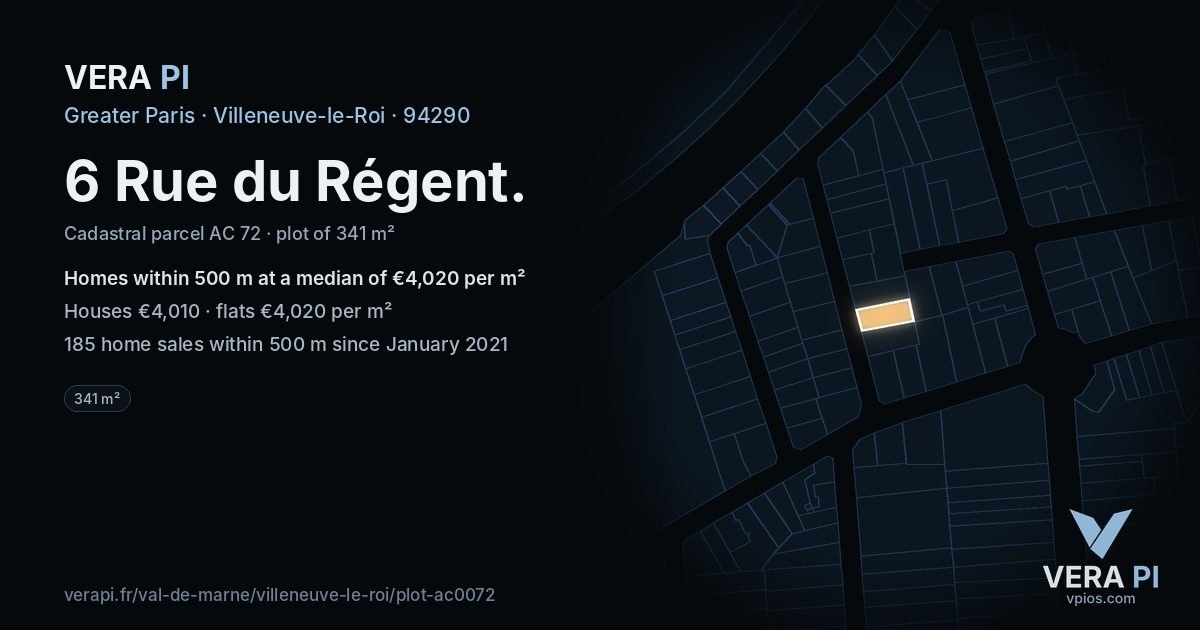 6 Rue du Régent, Villeneuve-le-Roi at night – the plot lit, the parcels around coloured by the prices near them