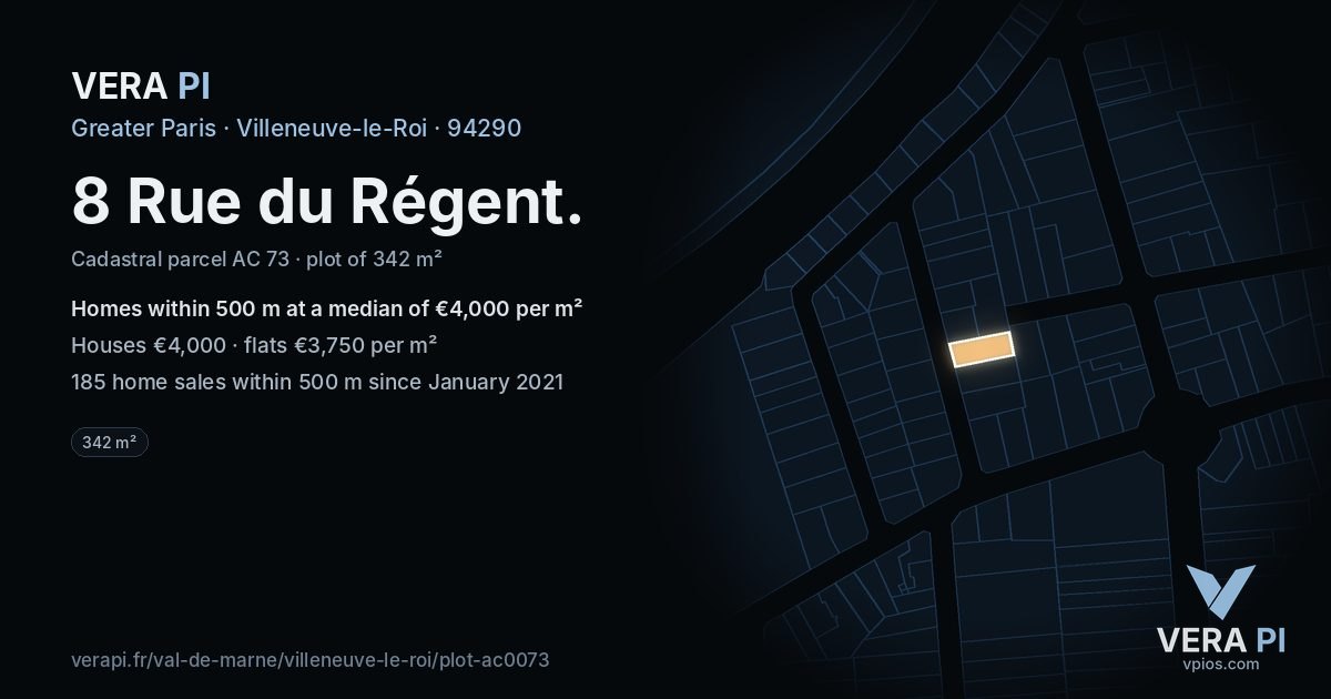 8 Rue du Régent, Villeneuve-le-Roi at night – the plot lit, the parcels around coloured by the prices near them