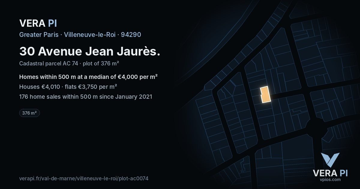 30 Avenue Jean Jaurès, Villeneuve-le-Roi at night – the plot lit, the parcels around coloured by the prices near them