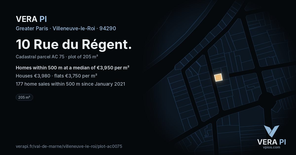 10 Rue du Régent, Villeneuve-le-Roi at night – the plot lit, the parcels around coloured by the prices near them