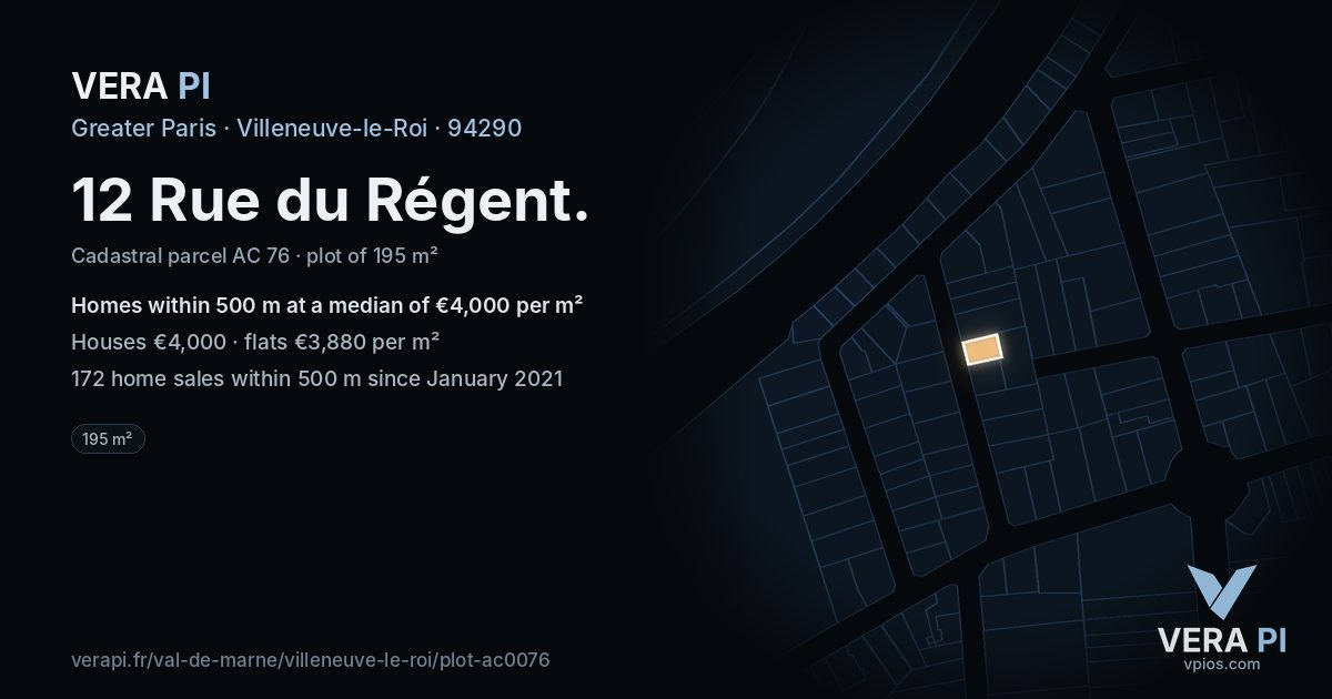 12 Rue du Régent, Villeneuve-le-Roi at night – the plot lit, the parcels around coloured by the prices near them