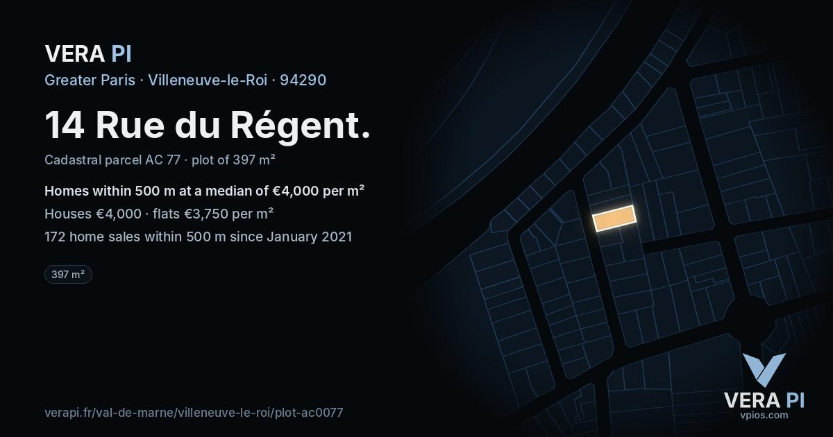14 Rue du Régent, Villeneuve-le-Roi at night – the plot lit, the parcels around coloured by the prices near them