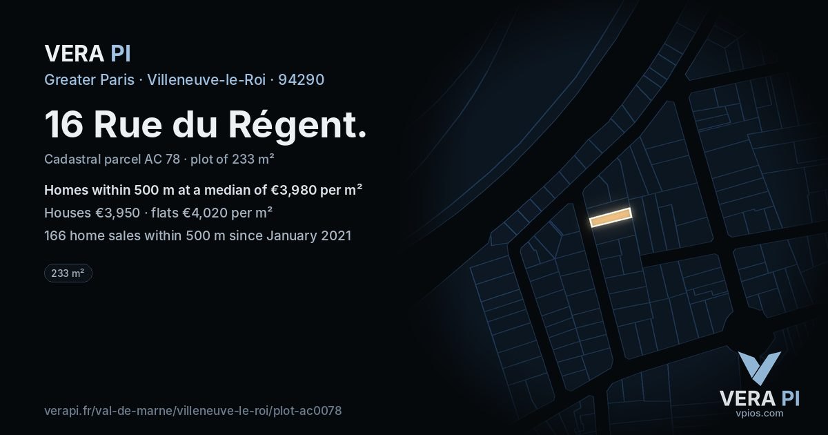 16 Rue du Régent, Villeneuve-le-Roi at night – the plot lit, the parcels around coloured by the prices near them