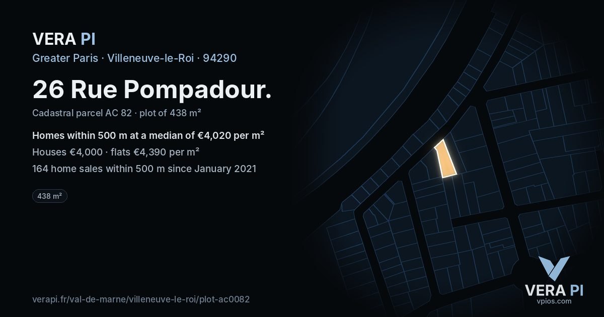 26 Rue Pompadour, Villeneuve-le-Roi at night – the plot lit, the parcels around coloured by the prices near them