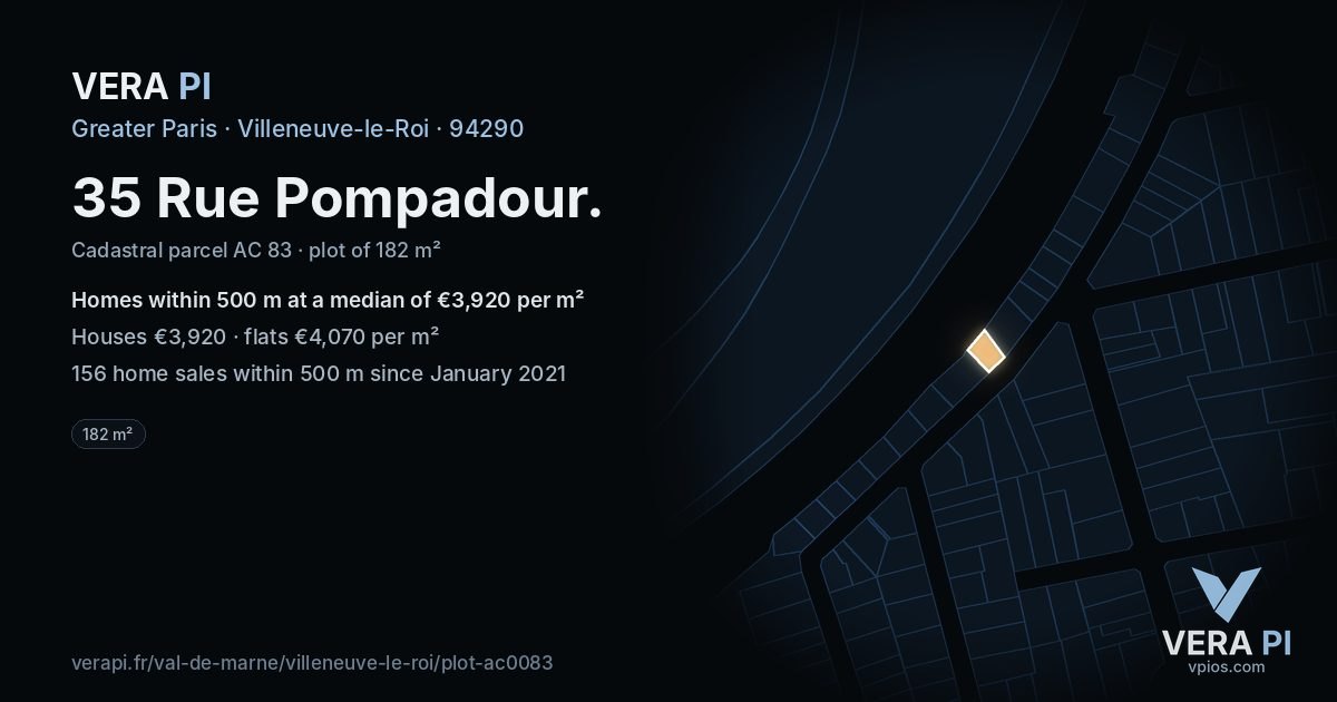 35 Rue Pompadour, Villeneuve-le-Roi at night – the plot lit, the parcels around coloured by the prices near them