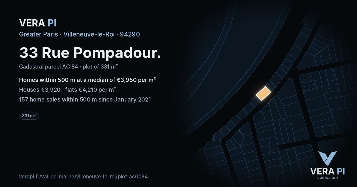 33 Rue Pompadour, Villeneuve-le-Roi at night – the plot lit, the parcels around coloured by the prices near them