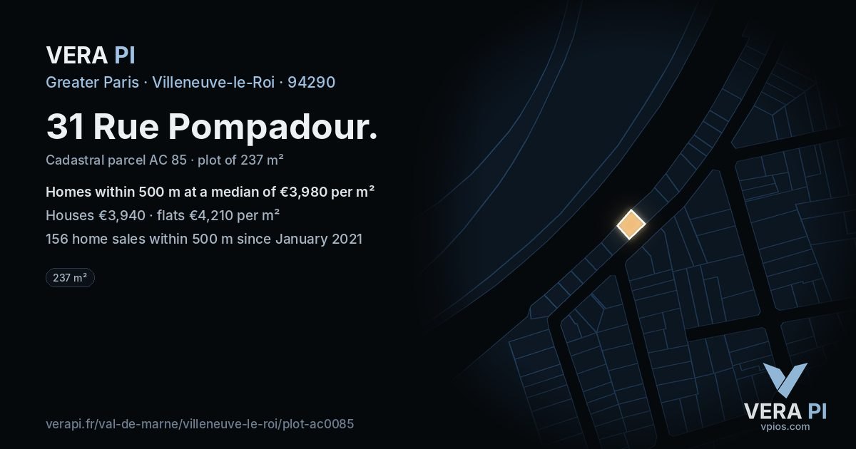 31 Rue Pompadour, Villeneuve-le-Roi at night – the plot lit, the parcels around coloured by the prices near them