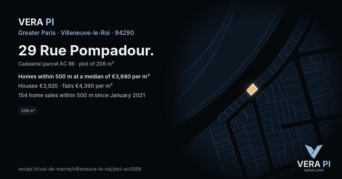 29 Rue Pompadour, Villeneuve-le-Roi at night – the plot lit, the parcels around coloured by the prices near them