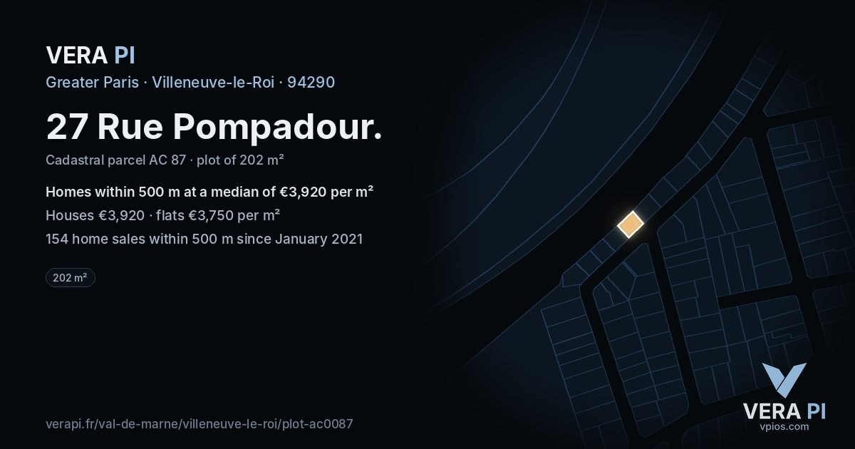 27 Rue Pompadour, Villeneuve-le-Roi at night – the plot lit, the parcels around coloured by the prices near them