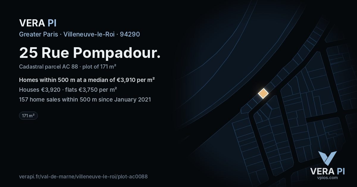 25 Rue Pompadour, Villeneuve-le-Roi at night – the plot lit, the parcels around coloured by the prices near them
