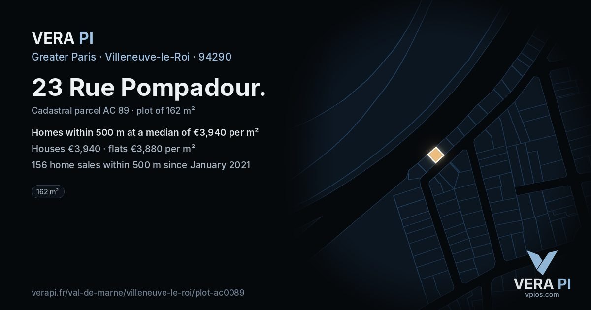 23 Rue Pompadour, Villeneuve-le-Roi at night – the plot lit, the parcels around coloured by the prices near them