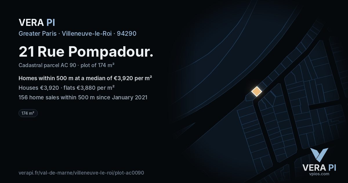 21 Rue Pompadour, Villeneuve-le-Roi at night – the plot lit, the parcels around coloured by the prices near them