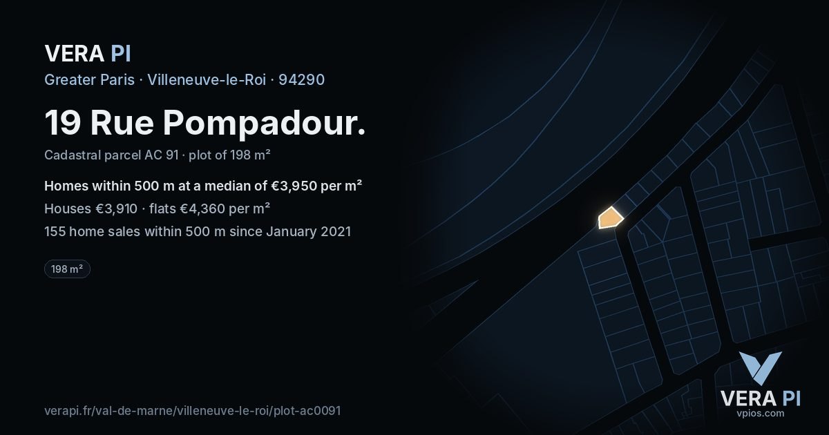 19 Rue Pompadour, Villeneuve-le-Roi at night – the plot lit, the parcels around coloured by the prices near them