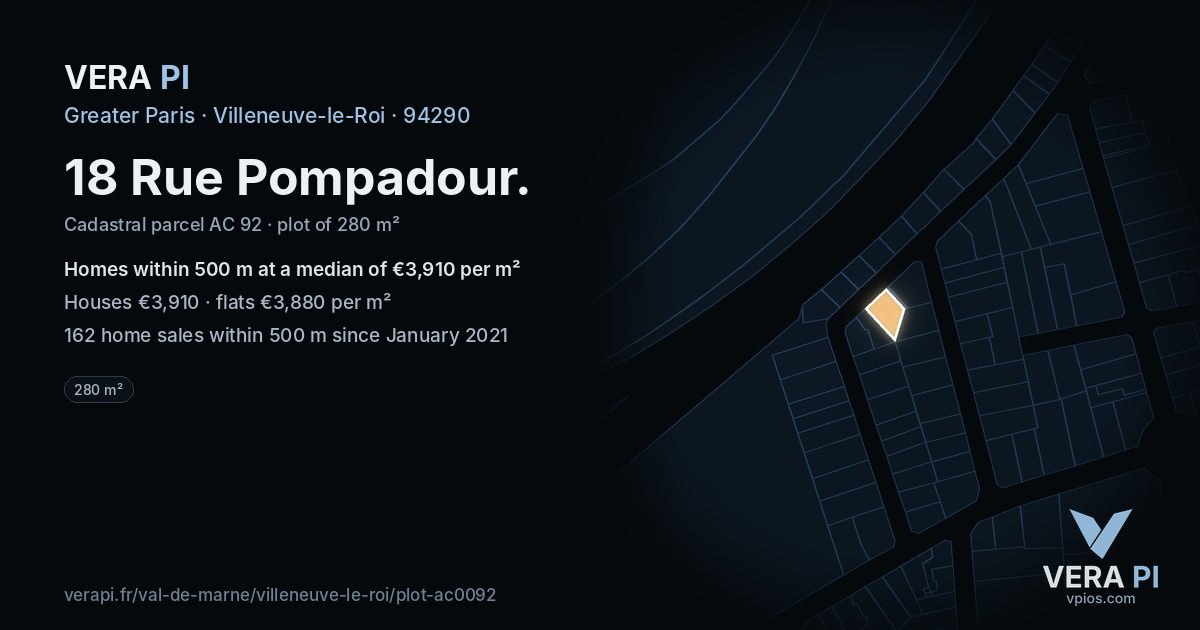 18 Rue Pompadour, Villeneuve-le-Roi at night – the plot lit, the parcels around coloured by the prices near them