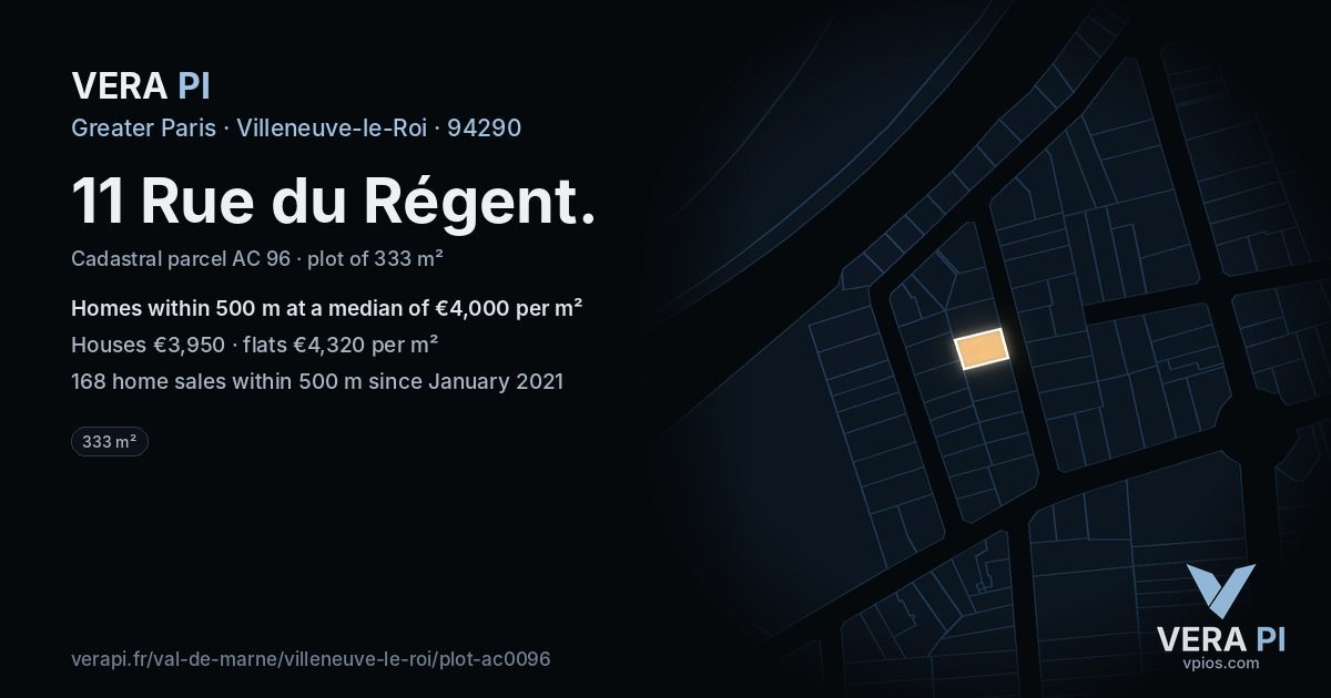 11 Rue du Régent, Villeneuve-le-Roi at night – the plot lit, the parcels around coloured by the prices near them